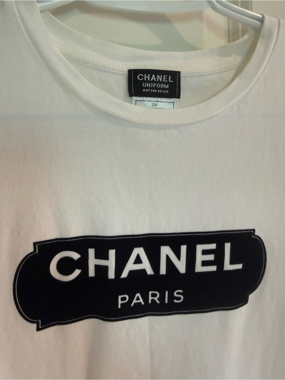 CHANEL White Short-Sleeve Tee with Black Paris Logo